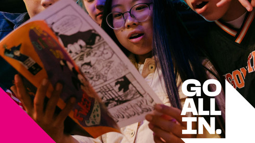 A group of six young people looking at the same graphic novel with text The National Year of Reading 2026 Go All In