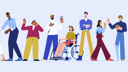 Illustration of a group of nine people standing in a line and talking to each other