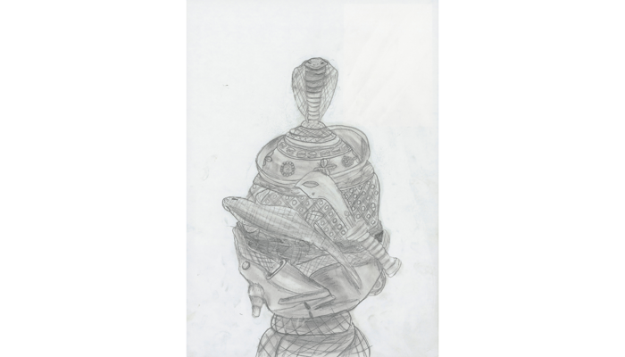 pencil drawing of decorative vase with fish on side and cobra on top