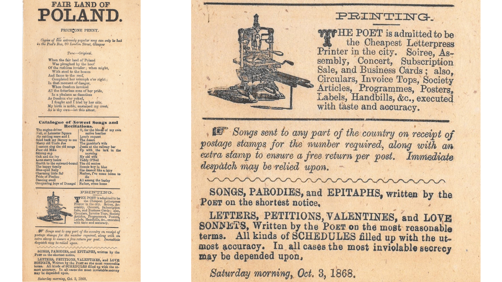 Nineteenth-century song sheet advertisement titled "FAIR LAND OF POLAND," priced at one penny and published on Saturday, October 3, 1868, by The Poet's Box at 80 London Street, Glasgow, featuring an illustration of a mechanical printing press.