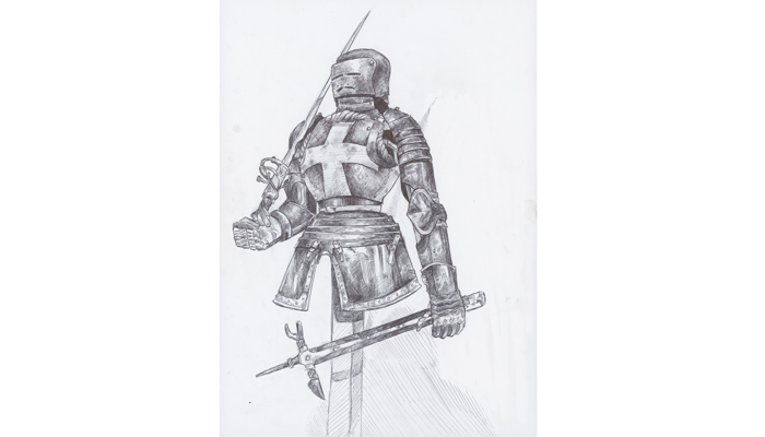 drawing of suit of armour holding two weapons