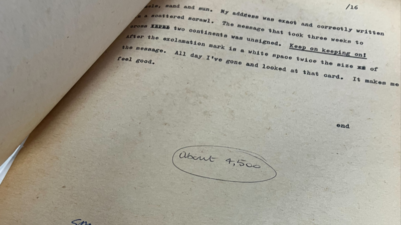 A typewritten manuscript page numbered 16, ending with the word “end,” with handwritten notes below indicating “about 4,500”