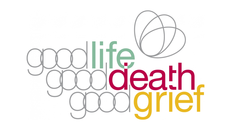 The text good life, good death, good grief with the font of life in green, death in red and grief in amber. 