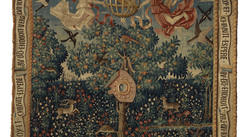 a large tapestry showing a scene with animals and floating figures around a globe-shaped cage.