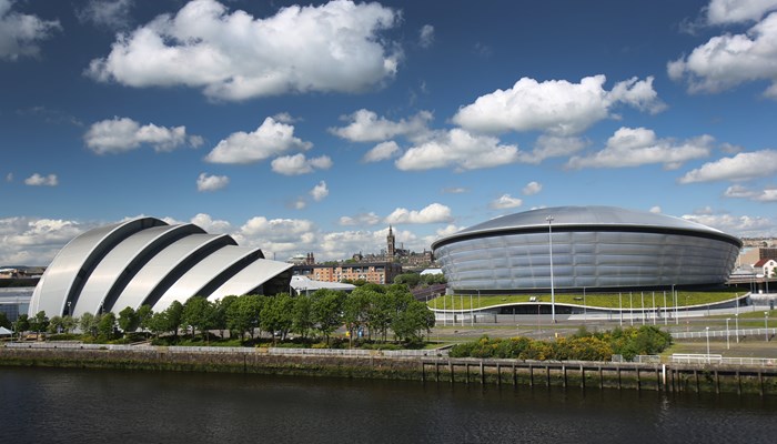 Wide-angled view of the Scottish Event Campus next to the River Clyde in Glasgow