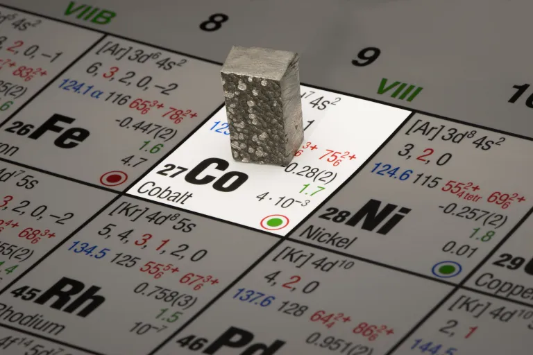 an image showing a lump of cobalt on top of its location on the periodic table.