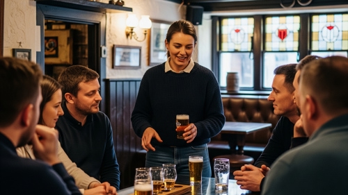 A group of people sit around a pub table with several glasses of beer while a smiling woman stands beside them holding a pint and speaking. The setting is a cozy, traditional pub with wooden beams, stained-glass windows, and vintage décor on the walls