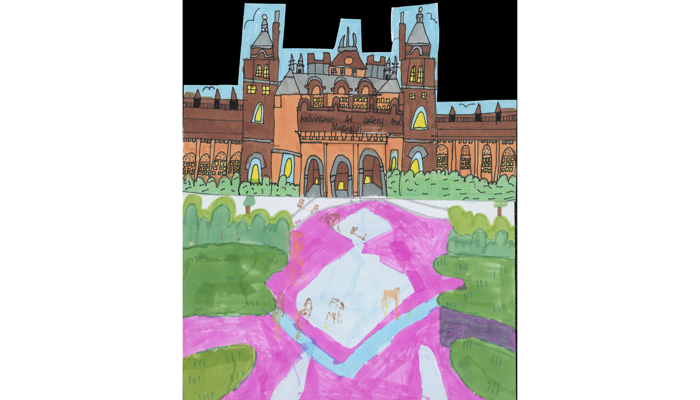 coloured ink drawing of Kelvingrove Museum and grounds