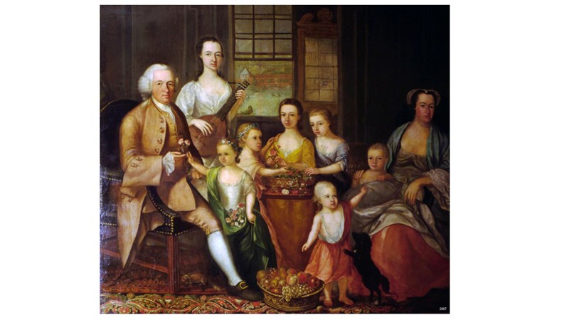 a painting of a group of people assembled for a family portrait - it appears that a person has been painted out of the portrait at some point.