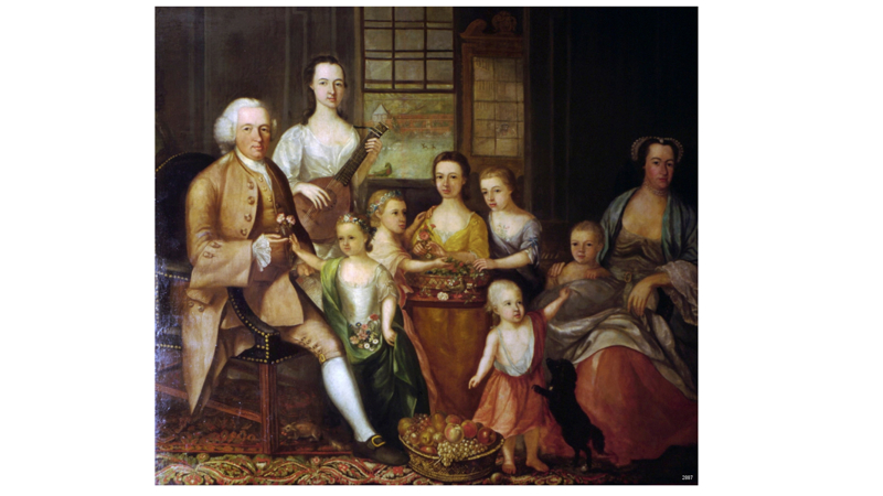 a painting of a group of people assembled for a family portrait - it appears that a person has been painted out of the portrait at some point.