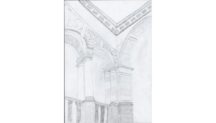 drawing of architectural detail of museum interior