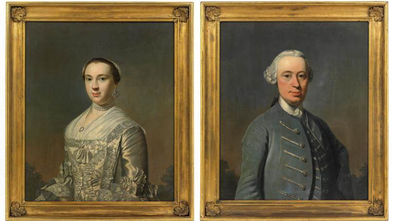 two portraits of two people in a gold frame