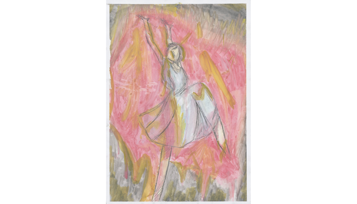 colourful drawing of female ballet dancer with red scarves
