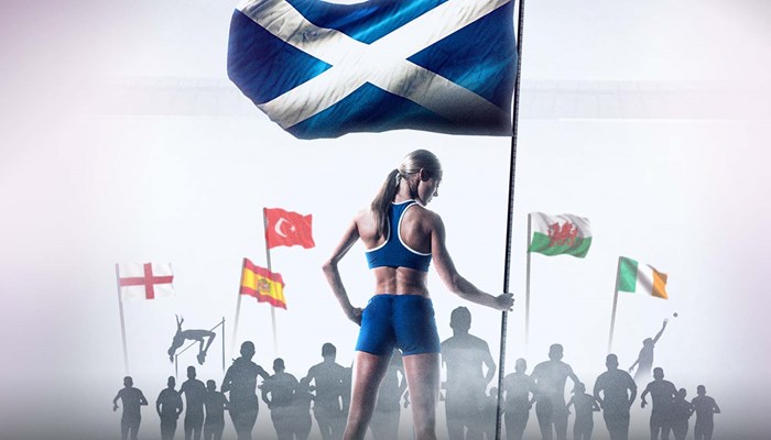 Dynamic New Athletics branding with woman holding Scotland flag with other flags in the background