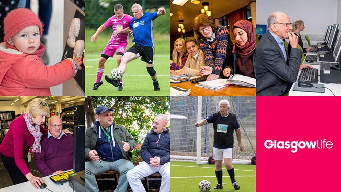 montage of showing showing little girl in pink jacket standing next to a museum object staring straight into the camera, two men tackling each other whilst playing walking football outdoor,  three women sitting at a desk reading and writing whilst another women leans over them,  an older man sitting at a computer with a younger female sitting in the background,  two men chatting sitting on a bench outdoors, a man standing in front of a goal & a man sitting at a computer whilst a women leans over him.