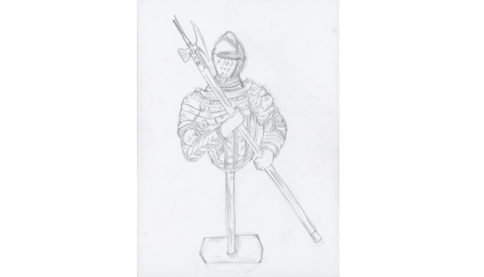 drawing of upper half of suit of armour carrying weapon