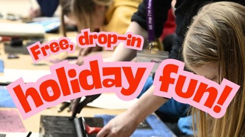 A group of young people enjoying a craft activity at a large table with text Free, drop-in holiday fun!