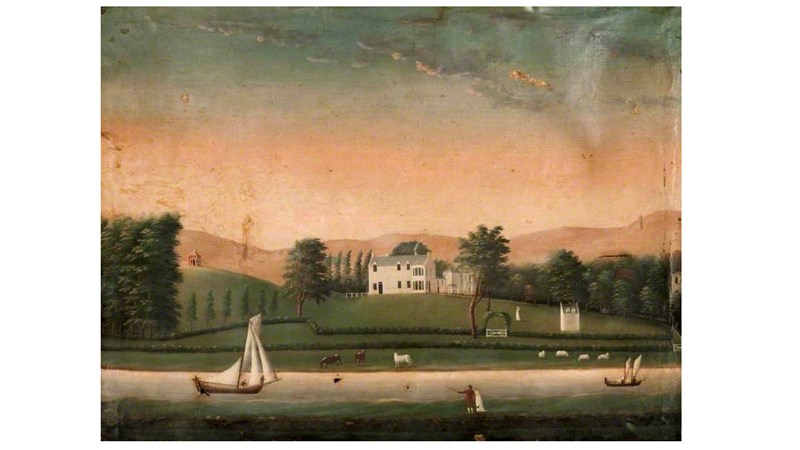 a painting of a landscape scene showing a small yacht in the foreground, some animals on the shoreline and a large White House on the hilltop in the background.