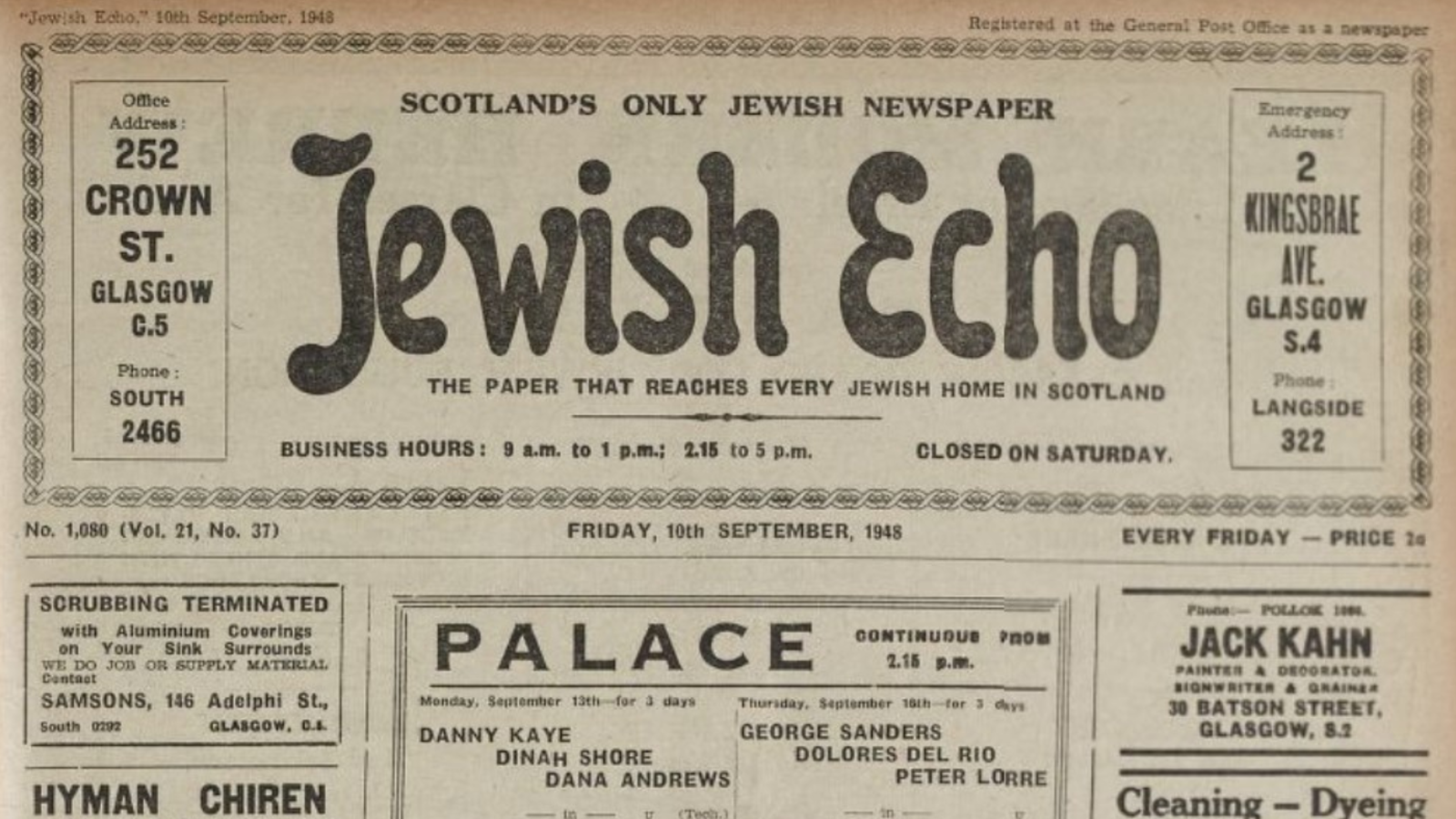 Front page masthead of 'Jewish Echo', described as 'Scotland's Only Jewish Newspaper', dated Friday, 10th September, 1948 (Vol. 21, No. 37). Below the header are local advertisements, including film listings for the Palace Cinema featuring 'Up in Arms' and 'Lancer Spy', along with ads for local Glasgow trades like painters, decorators, and cleaning services.