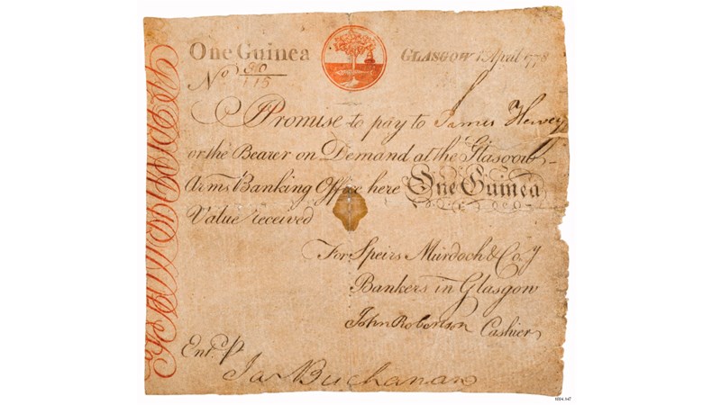 old paper note describing a financial agreement with the Glasgow Arms Bank