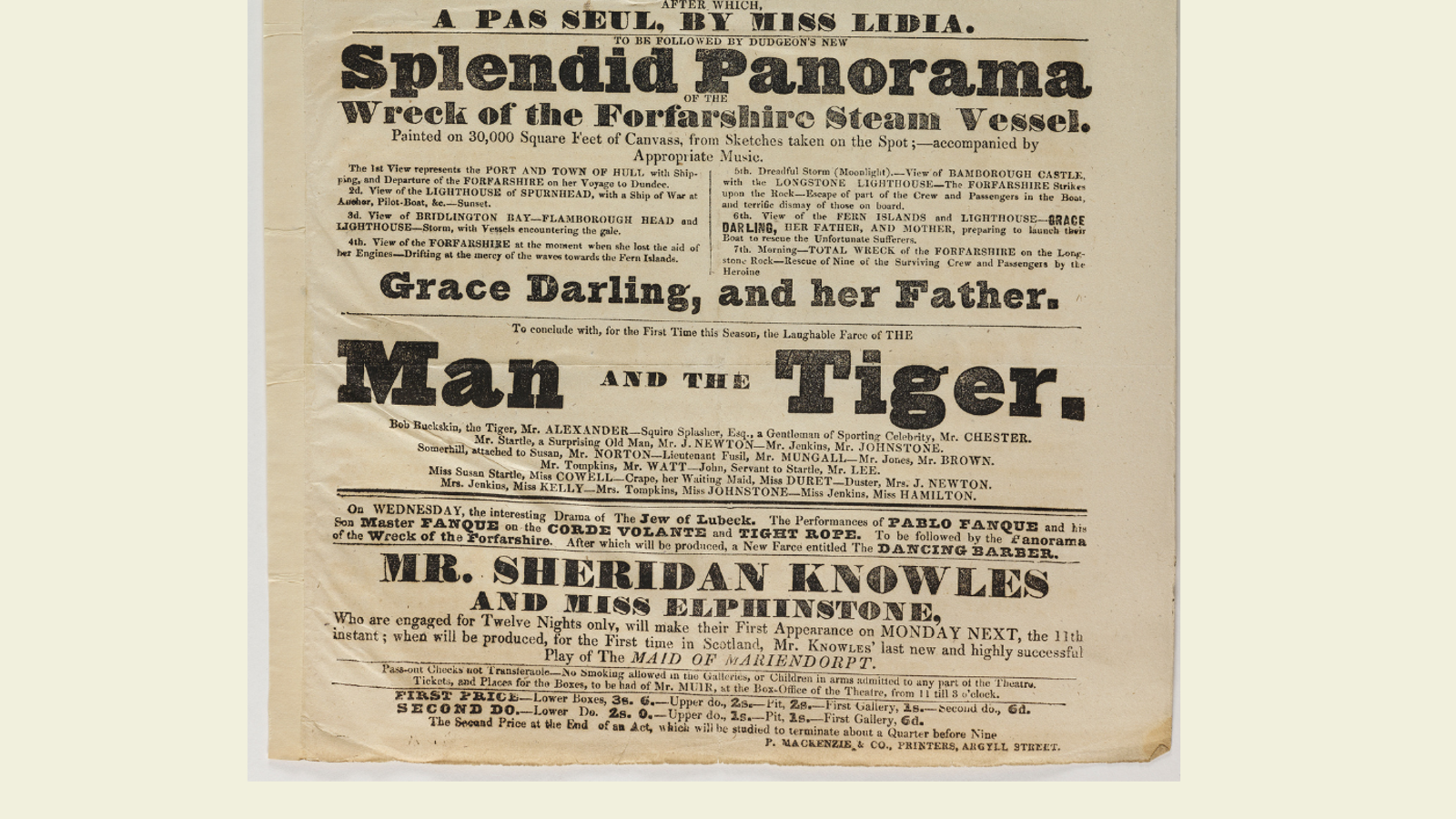 Playbill for Theatre Royal, Glasgow. 5 February 1839. Main headlines read: "A Pas Seul by Miss Lidia. Splendid Panorama of the wreck of the Forfarshire steam vessel. To conclude with the Man and the Tiger"