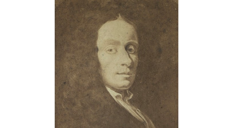 dark printed painting of John Spreul - only his face is visible against the dark background