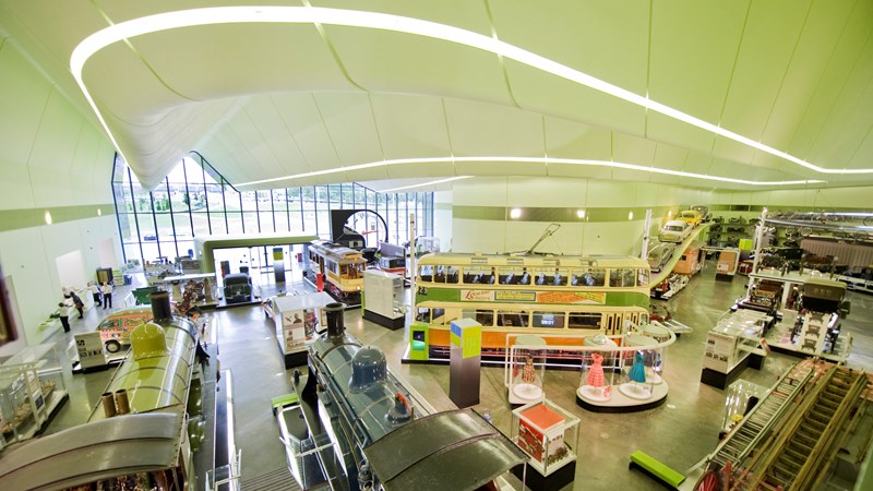 Photograph showing the inside of Riverside Museum, taken from the first floor looking down