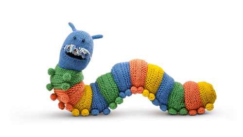 A colourful knitted caterpillar character