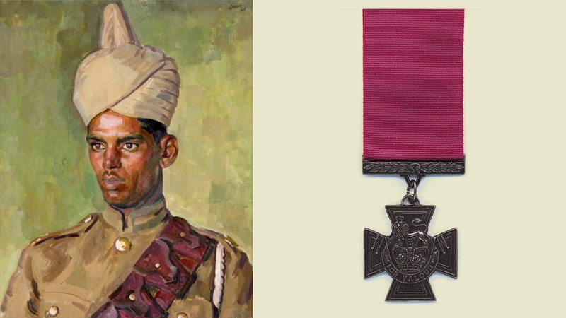 Photograph of a painting of Abdul Ghani, a member of Force K6 who was stationed in Scotland, and the Victoria Cross awarded to Naik Gian Singh, who fought with the British Indian Army in Burma