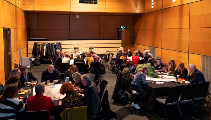 Various tables of people discussing ideas for Sauchiehall Street during a workshop at the Centre for Contemporary Arts.