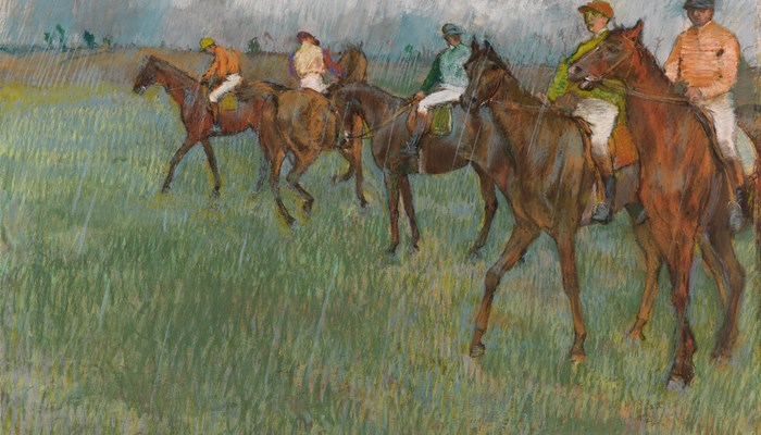 An image of a work by Edgar Degas called Jockeys in the Rain, it shows fivehorses preparing to race