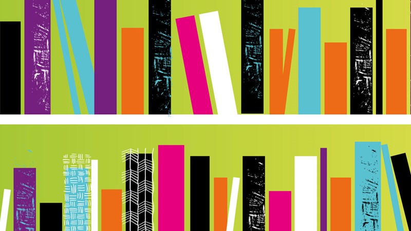 An illustration of a colourful bookshelf containing many books.