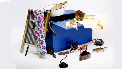 Photograph showing a travelling display featuring wash-day items.