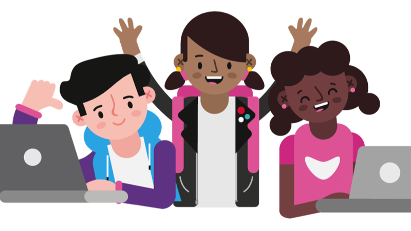 Three young people (cartoon images) smiling. One on the left and right are working at a computer and the person in the middle is raising their hands and looking happy.