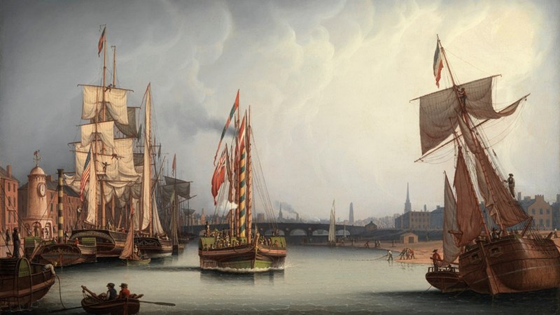 a painting of a nautical scene showing rigged ships in port