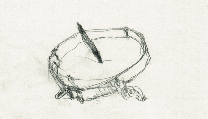 A line drawing in graphite pencil of a set of branks - or witches or scolds bridle - these were instruments of torture and the drawer has tried to focus on the spike used to hold the tongue down to stop the wearer from speaking.