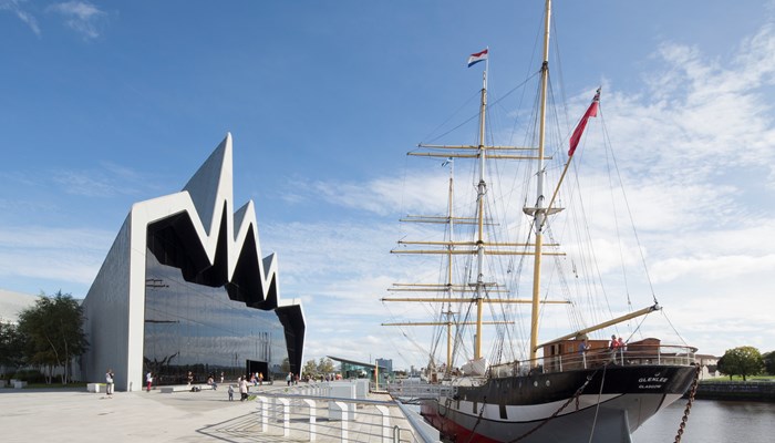The Riverside Museum and The Tall Ship on the River Clyde on a sunny day.