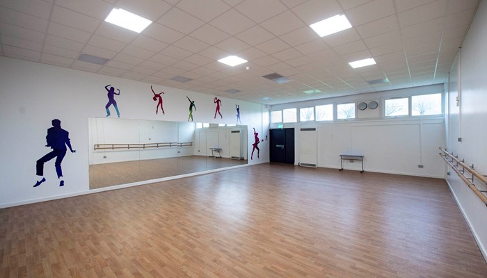 an empty dance studio with windows at the back of the room. the floor is wooden and the walls are white. there are five stickers on the wall of the outline of dancers and a bigger sticker of michael jackson dancing