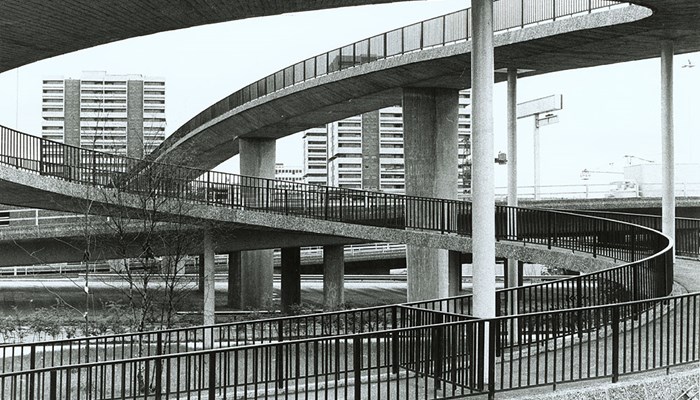 View of flyovers and walkways looking east over the M8 from near junction of Argyle Street and North Street