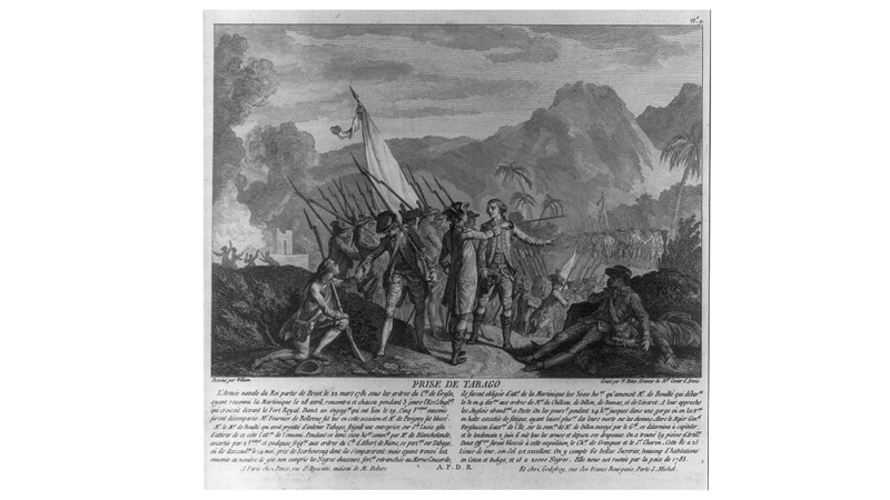 monochrome illustration showing soldiers invading Tobago