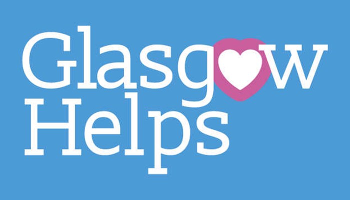 Glasgow Helps logo on blue background in white writing
