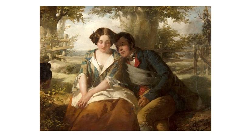 a bright painting showing the young poet Robert Burns and another person in a woodland setting.