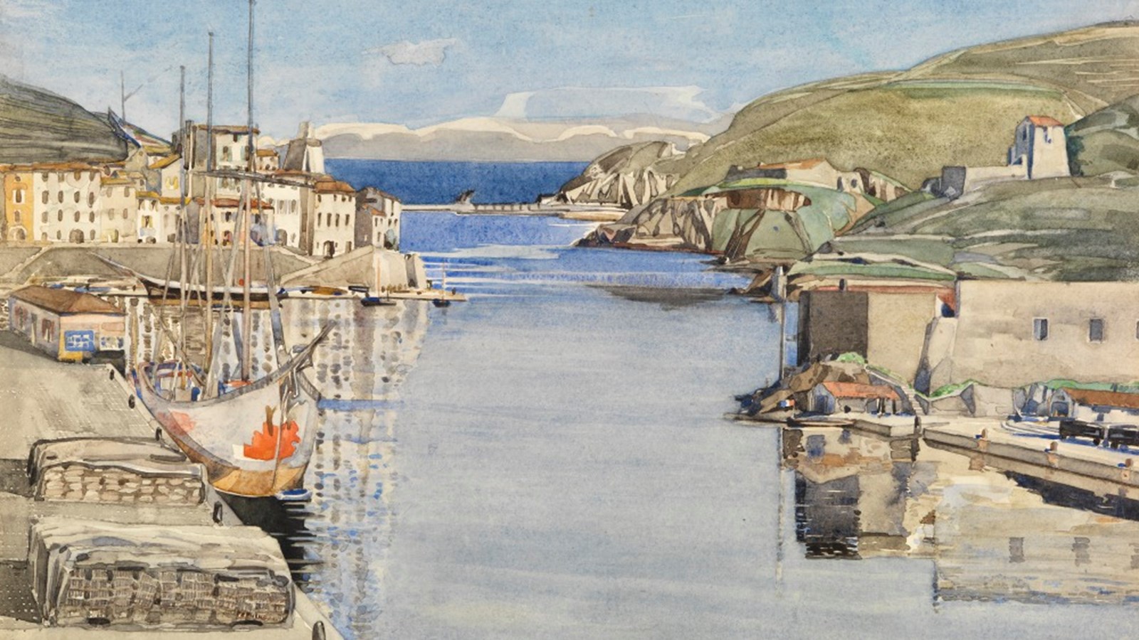 a painting of a Mediterranean harbour scene showing small masted ships along the quayside in a bay with a blue channel leading out to sea.
