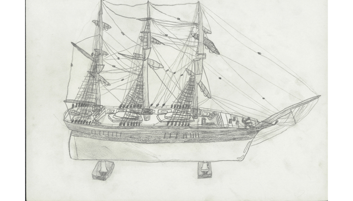 pencil drawing of model ship with masts