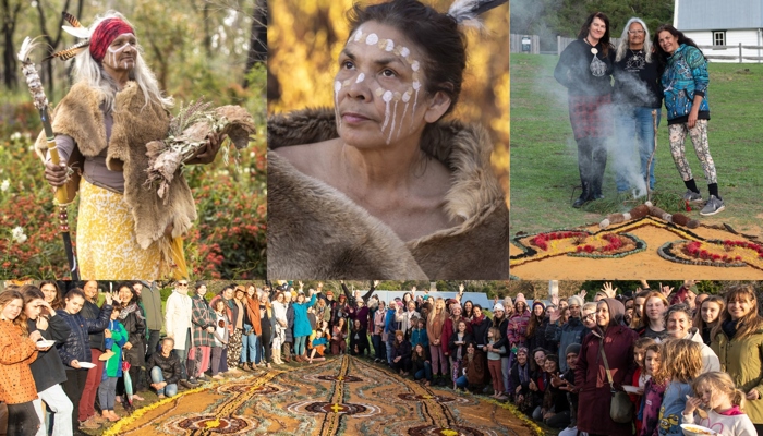 Collage of community cultural activities featuring people in ceremonial dress with natural-fibre garments and white face markings, participants gathered around a large ground artwork made from natural materials, and a group standing beside a smoking ceremonial display outdoors. The images highlight community participation, cultural traditions and large-scale collaborative land art in a natural setting.