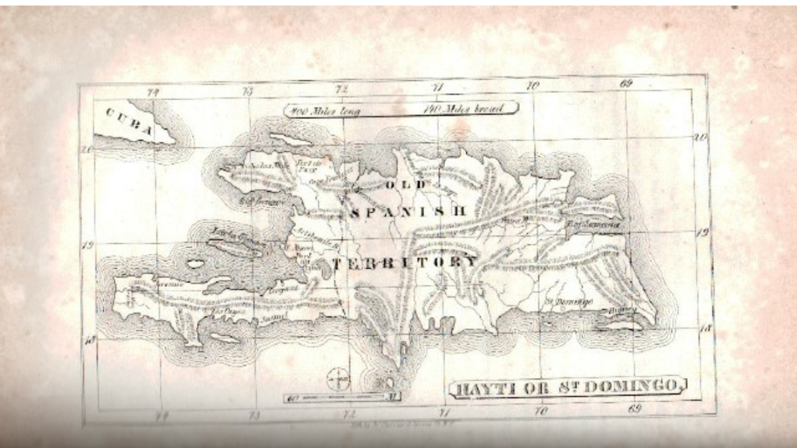 Historical map titled 'HAYTI OR ST DOMINGO' from James McCune Smith's 'A Lecture on the Haytien Revolutions'. The map illustrates the island of Hispaniola with shaded relief indicating mountain ranges, coastal features, and neighboring Cuba to the northwest. Key labeled areas include 'OLD SPANISH TERRITORY' across the center, along with key settlements such as St. Domingo, Jeremie, and Port au Prince.