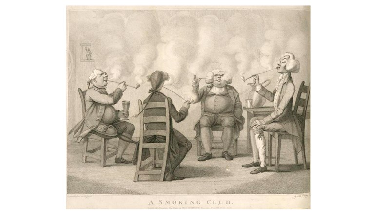 drawing of four people sitting around a table smoking