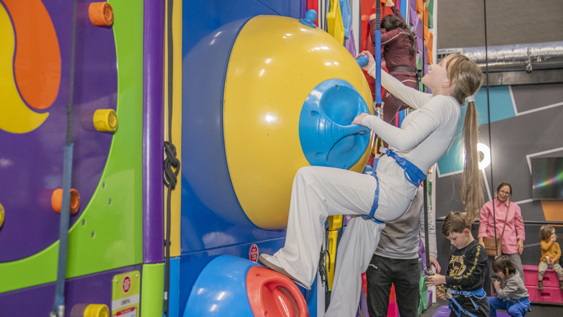 A young person in a grey top and trousers wearing a blue harness while looking up while climbing a multi-coloured climbing wall