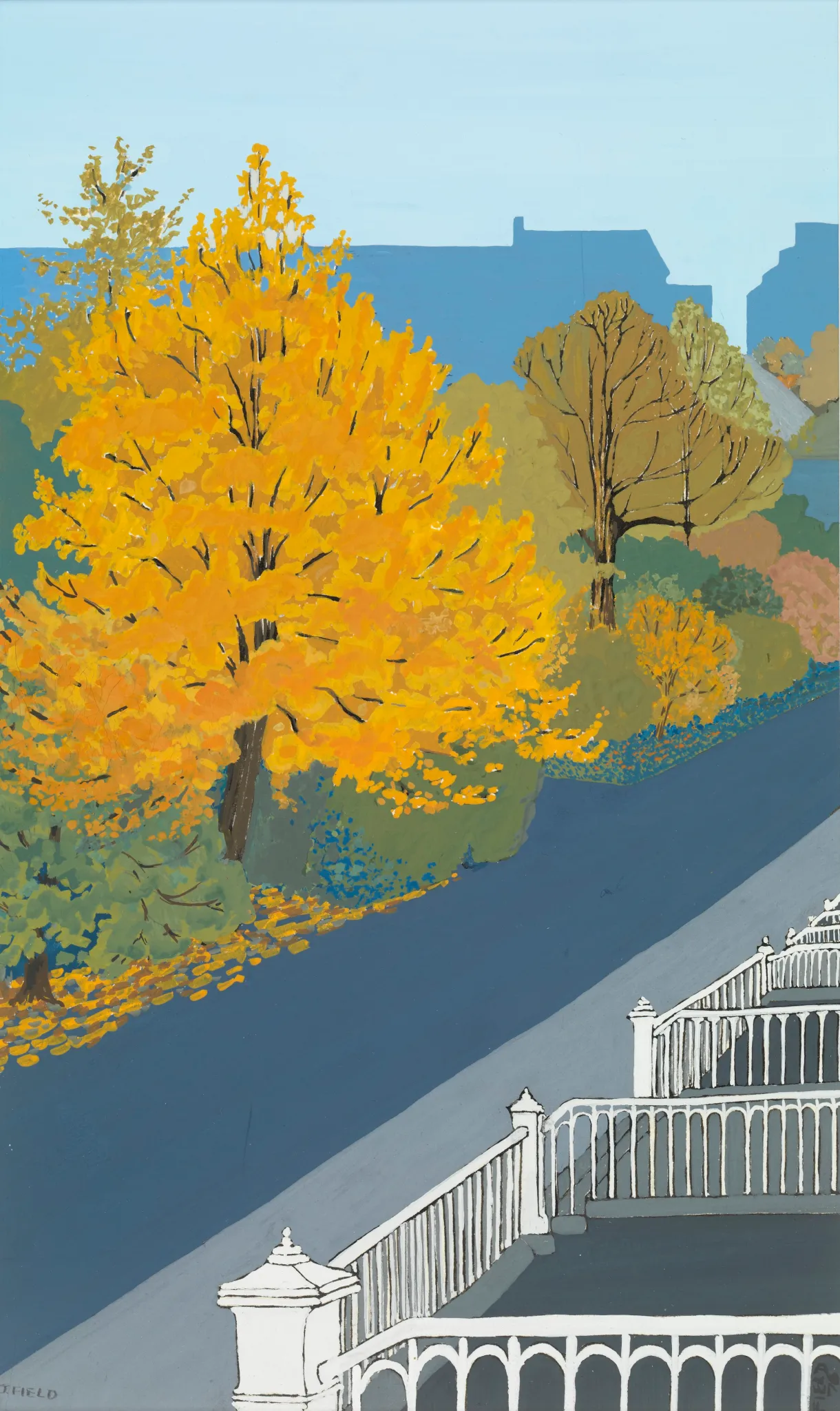 a cutout style print image of an autumn Glasgow street scene with a golden tree and a blue street.
