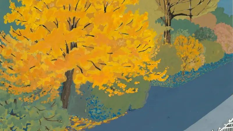 a cutout style print image of an autumn Glasgow street scene with a golden tree and a blue street.